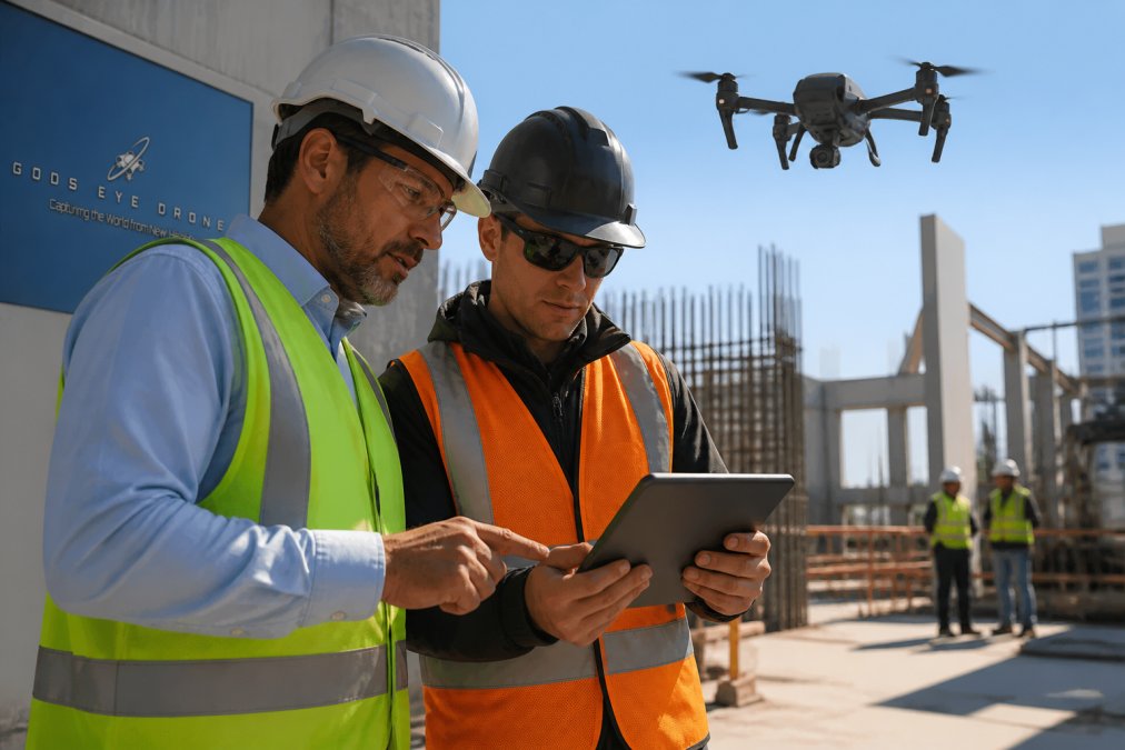 Construction manager and pilot reviewing drone service ROI data on a tablet at a sunny job site