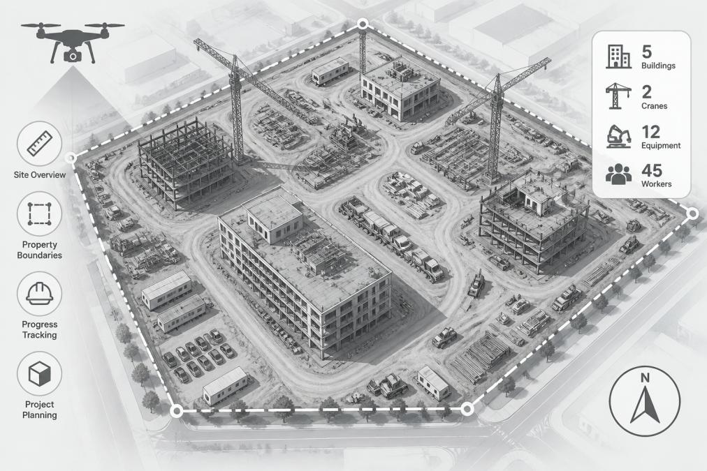 Aerial view of a large commercial construction site showing multiple buildings, cranes, equipment staging areas, and project layout from above with clear sight lines to property boundaries