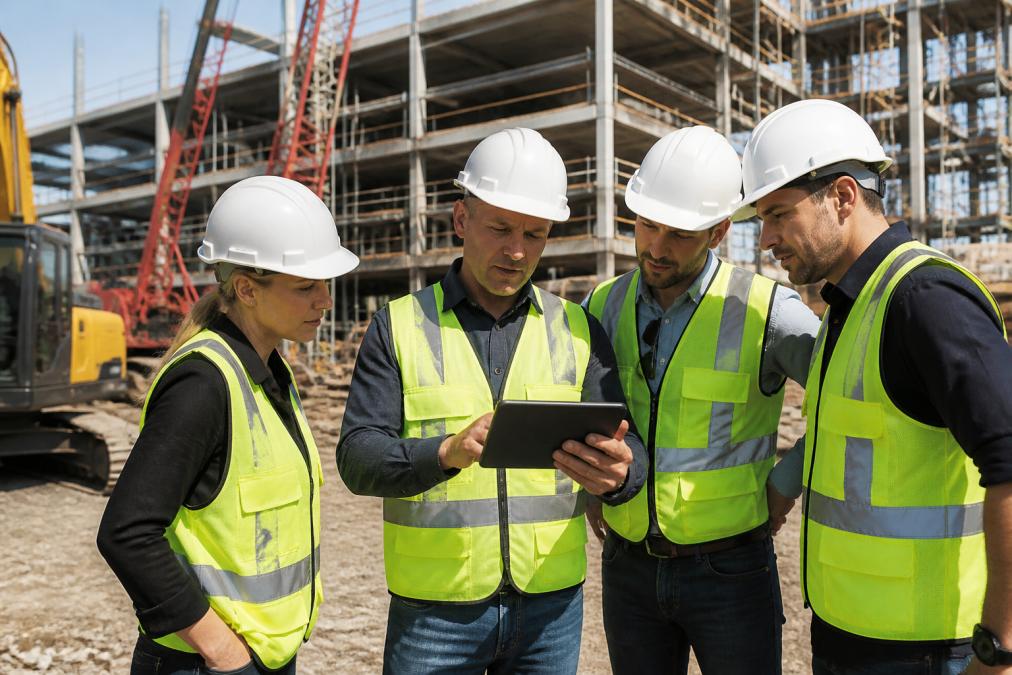 Construction site manager reviewing detailed drone footage on a tablet with team members in hard hats gathered around on the active job site, with building framework and equipment visible in background under natural daylight