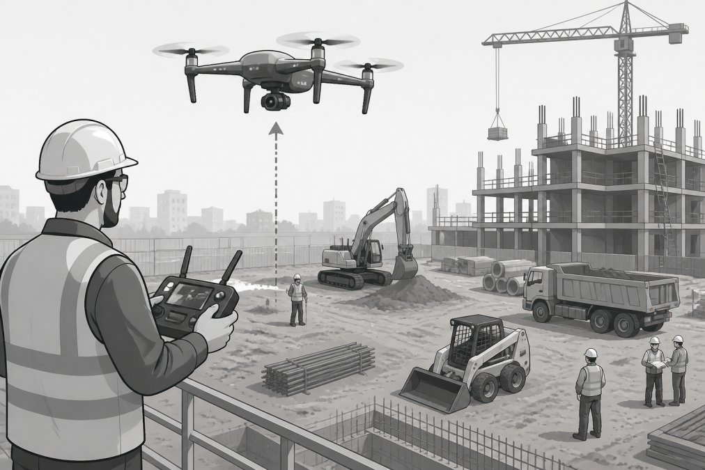 Drone operator launching a quadcopter from an active construction site with equipment and workers visible below, showing real-world site conditions