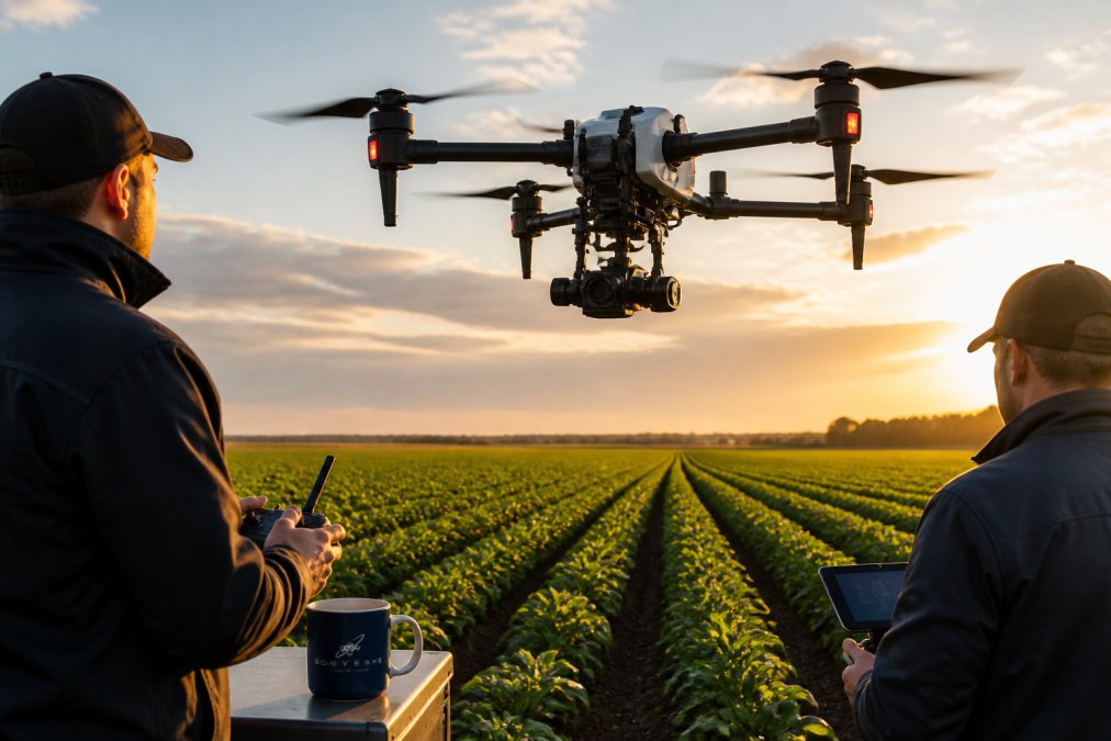 Professional agricultural drone hovering at low altitude above green crop rows at sunrise, with visible multispectral camera equipment mounted on undercarriage, farmland stretching to horizon