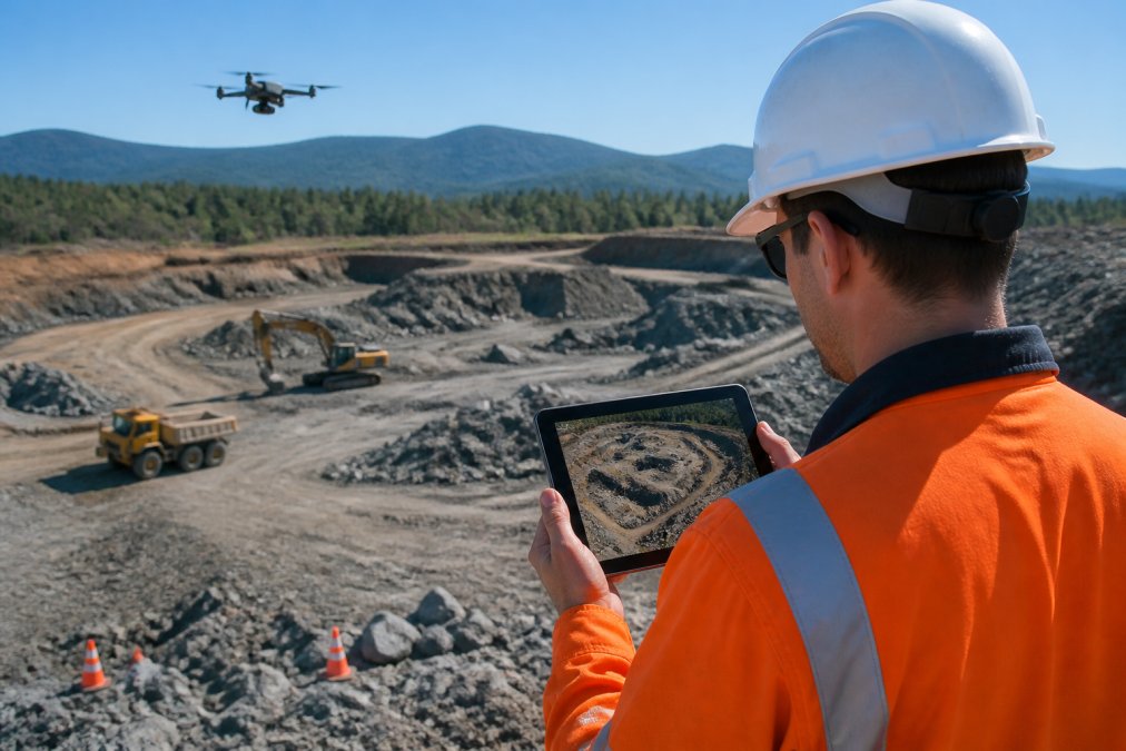 Construction manager reviewing drone stockpile tracking data on a tablet at an active earthworks job site