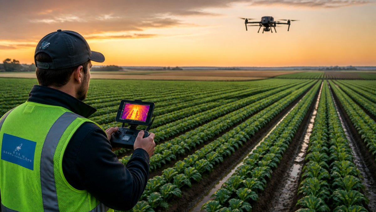 Drone pilot using thermal drone surveying to identify irrigation issues in crop fields at dawn