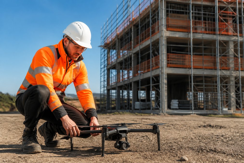 A drone operator in high-visibility clothing launching a commercial quadcopter on a construction site, with a partially built structure and scaffolding visible in the background under bright daylight