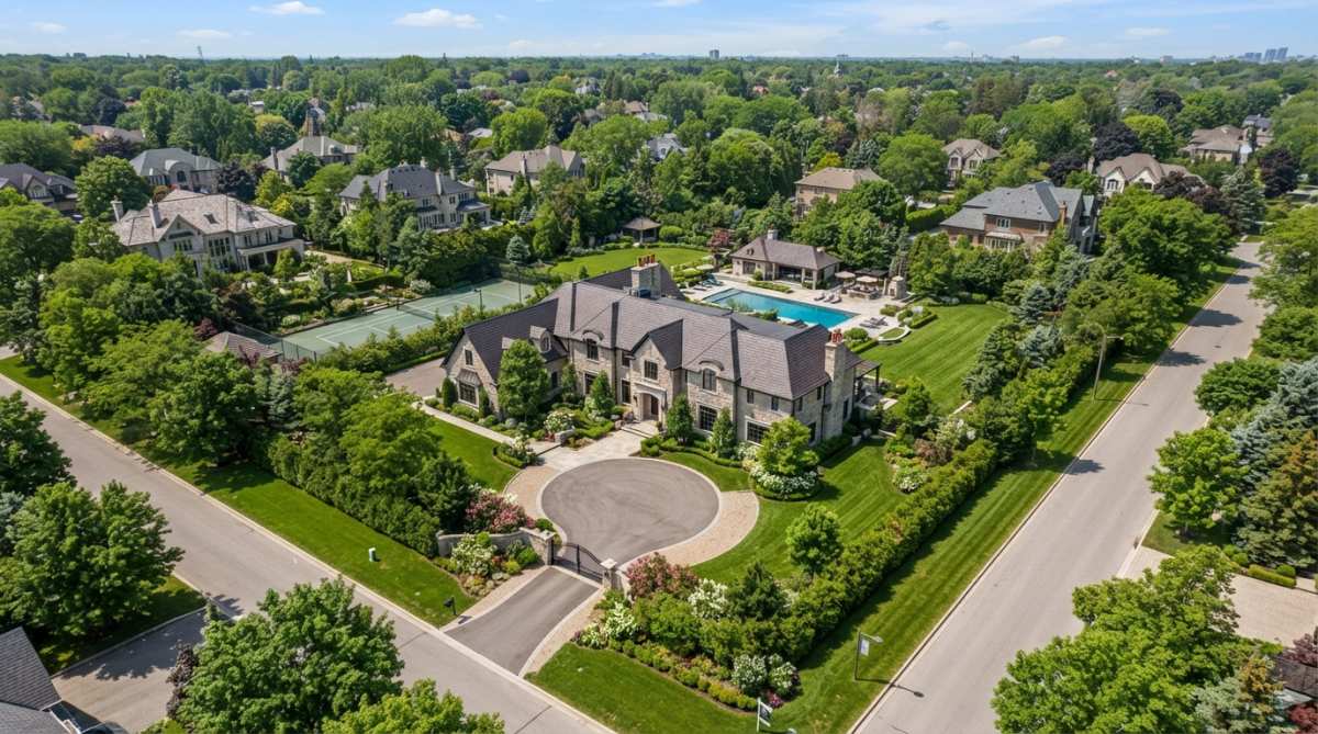 Aerial view of a luxury residential property with manicured lawn, circular driveway, swimming pool, and tree-lined neighborhood visible from above in clear daylight