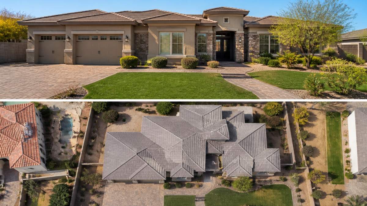 Residential property photographed from ground level showing architectural details, landscaping, and curb appeal, alongside an aerial bird's-eye view revealing the full lot boundaries, property footprint, and neighborhood context