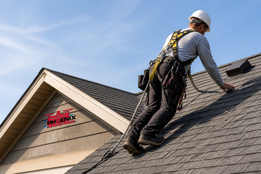 Professional roofing contractor standing on steep residential roof wearing full safety harness and equipment, demonstrating the physical demands and hazards of manual roof inspection work