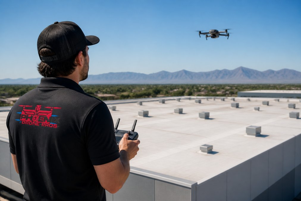 Drone operator in the field holding professional remote controller with commercial drone visible above large building roof, demonstrating modern aerial inspection workflow and equipment