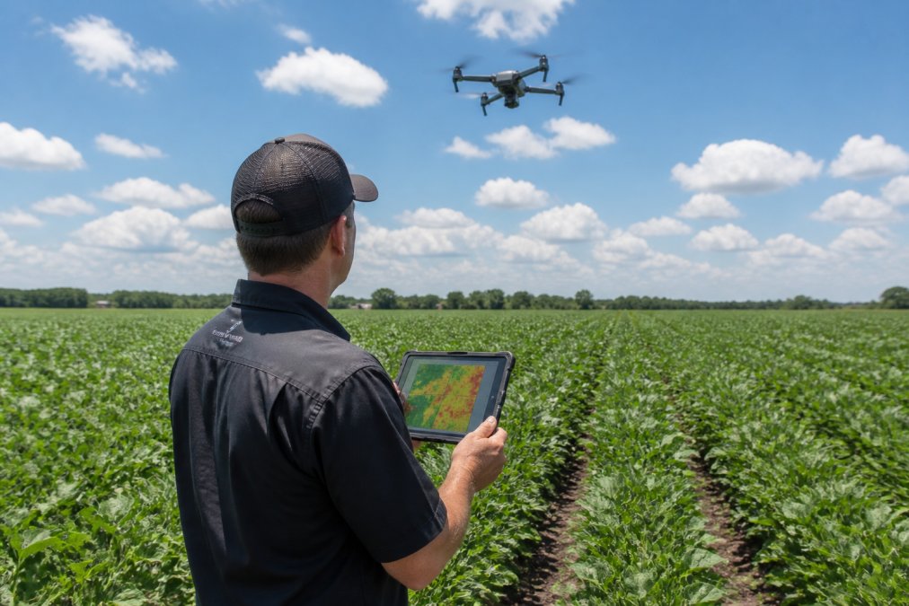A farmer in a green soybean field holding a rugged tablet displaying a false-color vegetation map, with a small quadcopter drone hovering overhead in bright midday sun