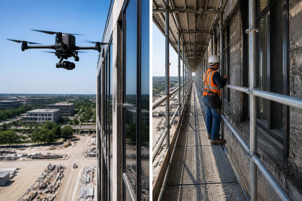 Professional drone hovering near tall building facade with clear view of structural elements and building envelope, demonstrating aerial survey capability in bright daylight with construction site visible below