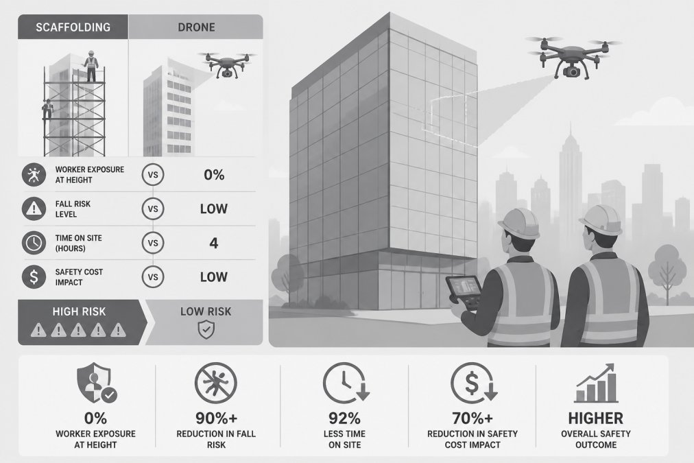 Construction workers safely on ground level observing drone conducting inspection of high-rise building facade, showing reduced worker exposure to height hazards with clear sky and urban backdrop