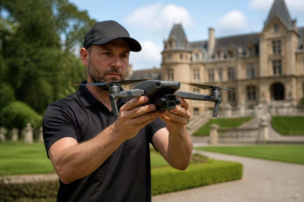 Professional drone operator holding a DJI Mavic 3 Pro in both hands outdoors on a bright, clear day, standing in a manicured garden with a historic estate visible in soft-focus background, demonstrating proper equipment handling and positioning with the drone at eye level