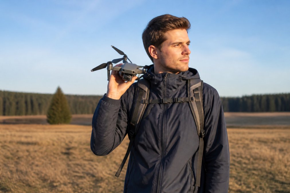 Beginner photographer holding a compact drone with visible gimbal stabilization over their shoulder, standing in an open field with clear blue sky and distant tree line, natural daylight