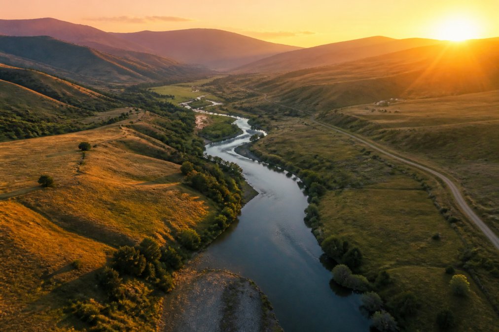 Aerial landscape view shot from drone showing dynamic composition with leading river line, varied terrain with distinct foreground and background layers, golden hour lighting creating warm tones across rolling hills