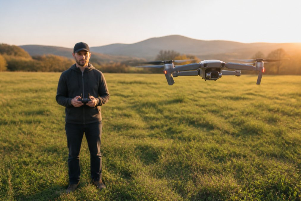 A photographer standing in an open field holding a remote controller while a consumer drone hovers at eye level in the foreground, late afternoon golden hour light casting long shadows across the grass
