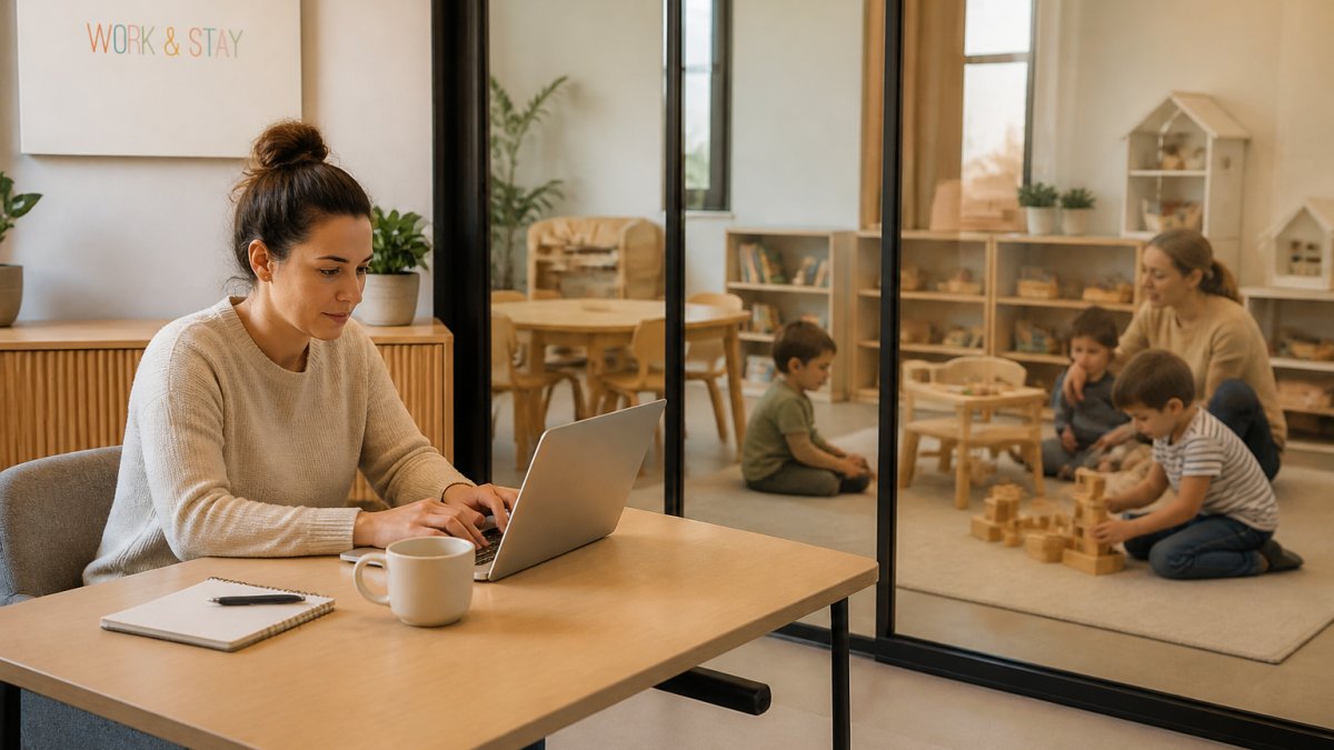 Parent working on a laptop in a coworking lounge with supervised drop in childcare visible through glass