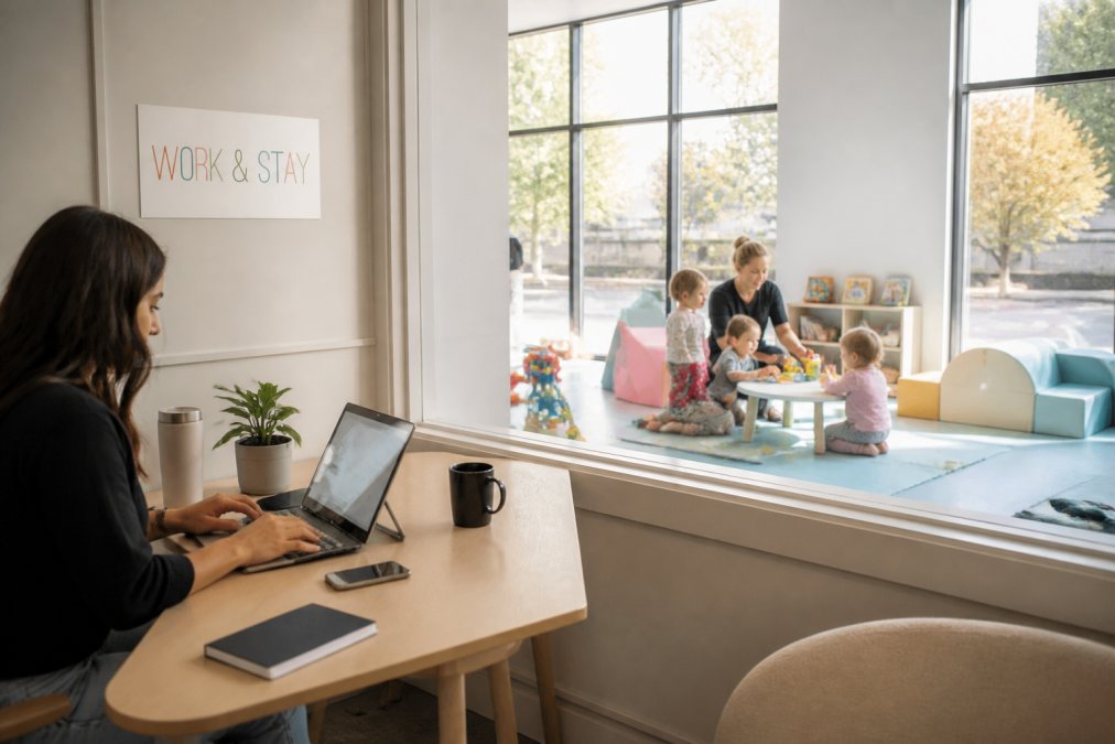 Parent working at a bright desk in modern coworking space with large window overlooking a separate, colorful childcare room where young children engage in supervised activities with trained staff