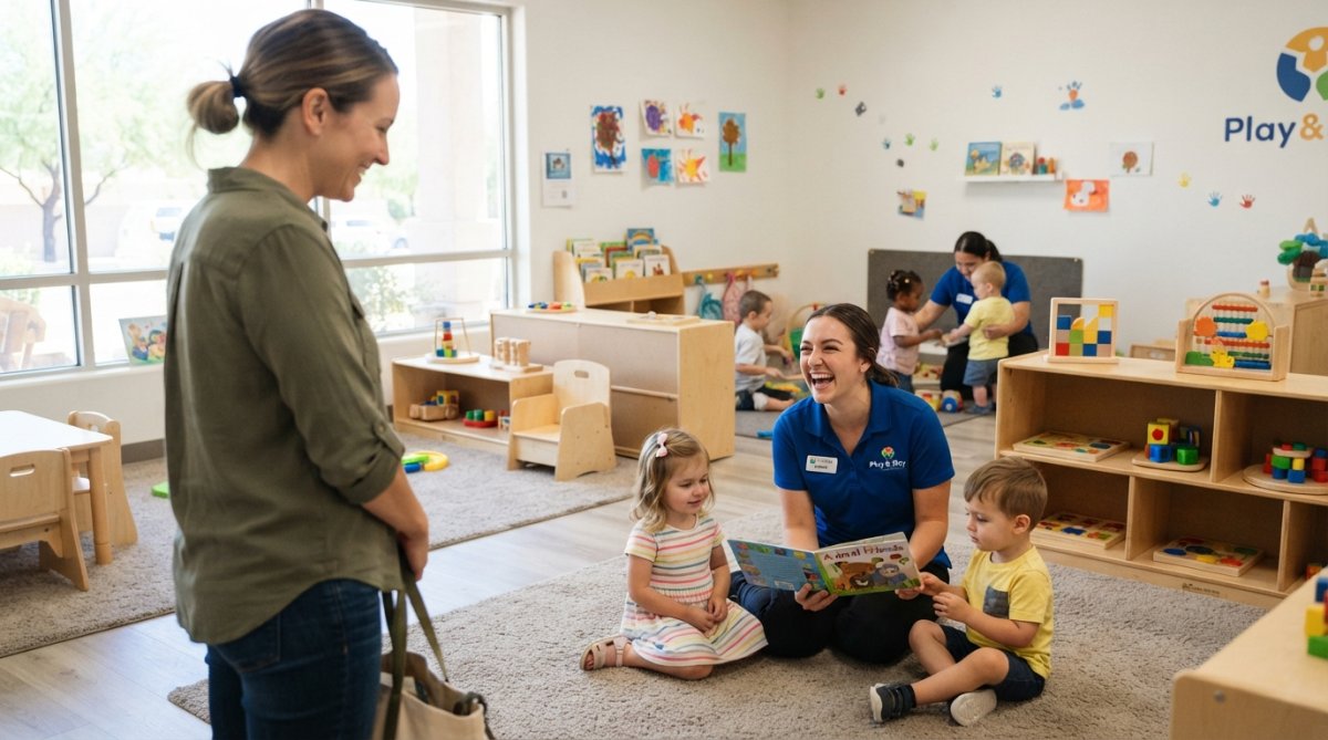 Parent observing staff interacting warmly with toddlers during supervised play, showing attentive caregiving and safe facility environment