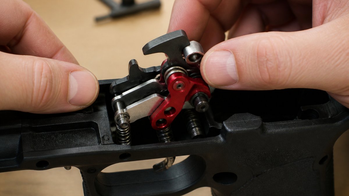 Close-up of hands installing a precision trigger assembly into a handgun frame, showing the sear engagement and spring components in detail under bright workshop lighting