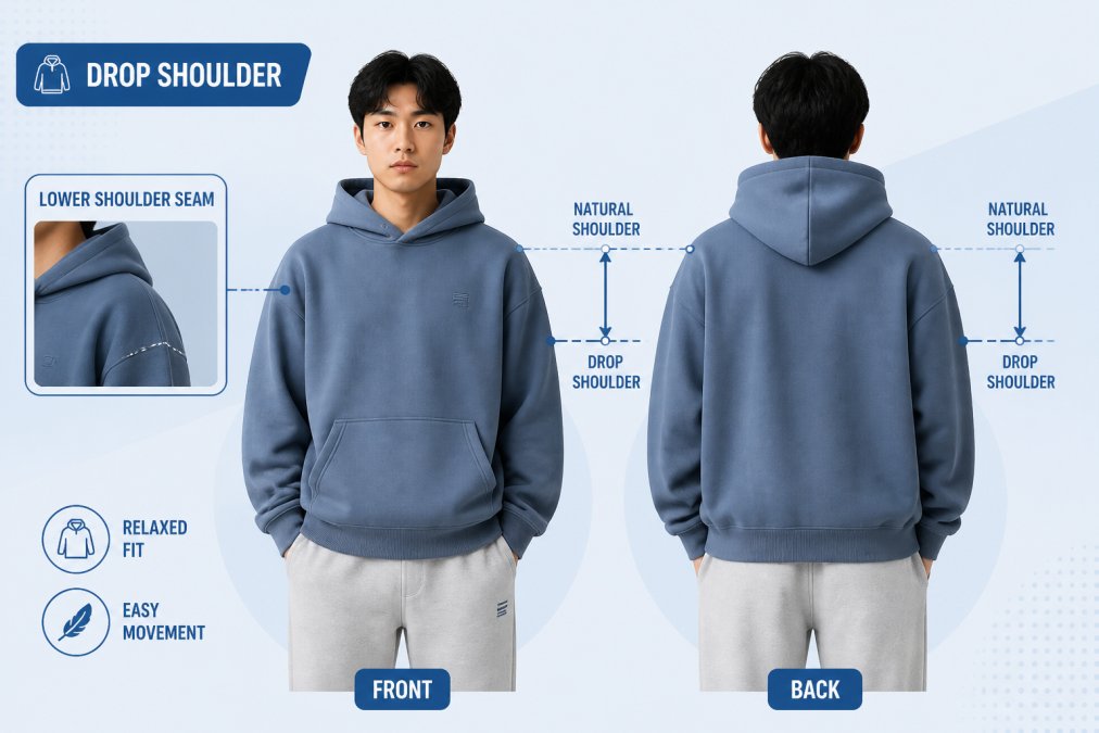 Person wearing a drop shoulder hoodie photographed from front and back, showing the relaxed fit with shoulder seams positioned noticeably lower than the natural shoulder line, styled in neutral tones with natural daylight