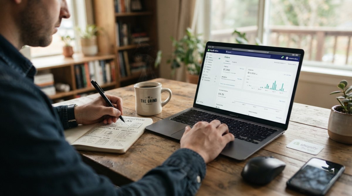 Entrepreneur at desk setting up a Shopify store on laptop with notebook and coffee nearby, natural morning light through window