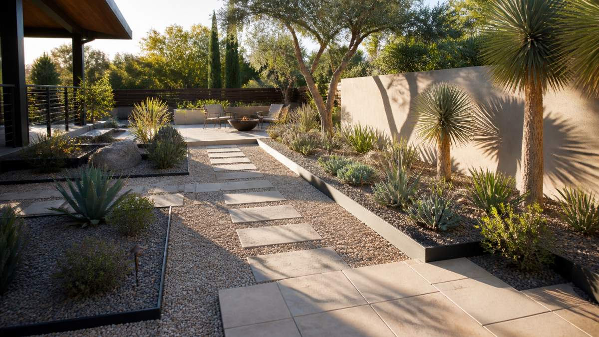 Modern backyard landscape featuring drought-tolerant native plants arranged in geometric beds, decorative gravel pathways, contemporary stone hardscaping, and architectural shrubs casting sharp shadows in bright afternoon sunlight