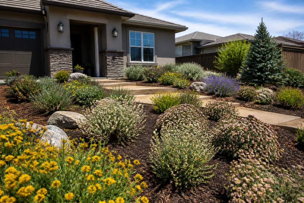 Native plants like desert marigold and buckwheat thrive in a drought tolerant landscaping front yard.