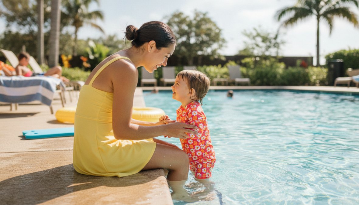 A parent sitting poolside closely watching a young child in the water, maintaining direct eye contact and proximity while the child plays