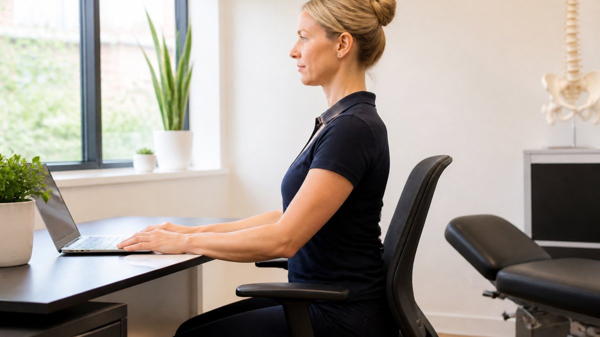 Professional demonstrating proper seated posture at desk with screen at eye level, shoulders relaxed, spine neutral, natural office lighting