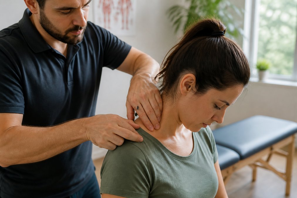 Professional demonstrating massage technique on neck and shoulder muscles with hands-on pressure, showing proper finger placement for releasing tension in clinical wellness setting
