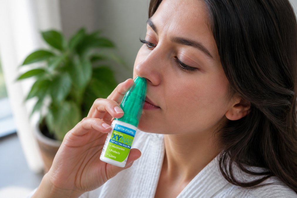 Close-up of a person's hand holding a nasal spray bottle positioned at the correct 45-degree angle toward their nostril, demonstrating proper application technique with natural morning light