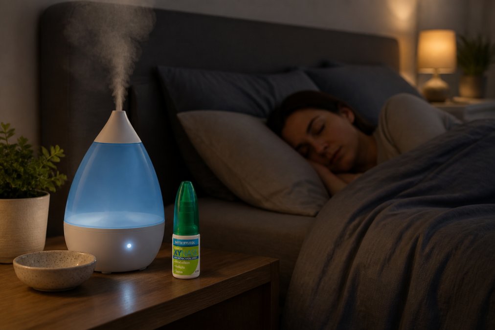 A humidifier running in a bedroom at night with visible cool mist rising, creating a comfortable humid environment with soft lighting, designed to support respiratory health during sleep