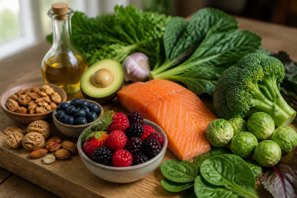 Colorful array of fresh vegetables including leafy greens, cruciferous vegetables, fatty fish like salmon, mixed berries, raw nuts, and extra virgin olive oil arranged on a wooden cutting board in natural kitchen light