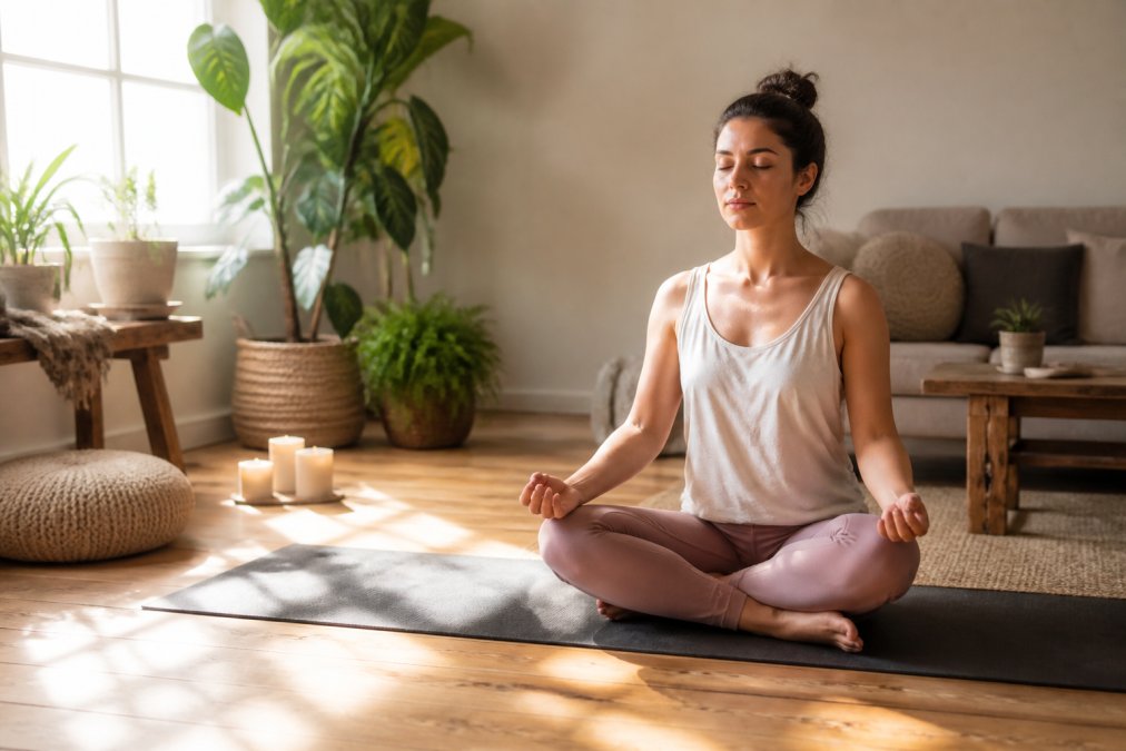 Person sitting in meditation pose on a yoga mat in a calm, sunlit room with plants, soft furnishings, and gentle natural light streaming through windows
