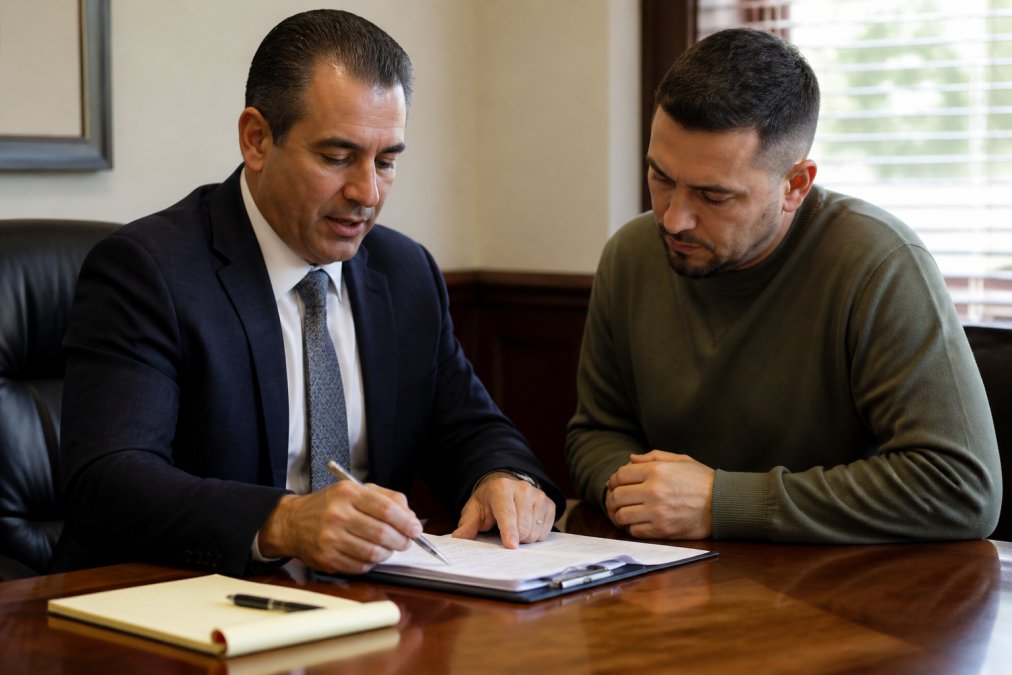 Attorney and client reviewing legal documents together at a wooden desk in a professional office, natural window light, notepad and pen visible