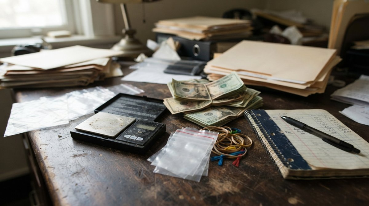 Close-up of a desk with drug paraphernalia including digital scales, small plastic baggies, rubber bands, and cash in small denominations arranged to show evidence prosecutors examine when establishing intent to distribute