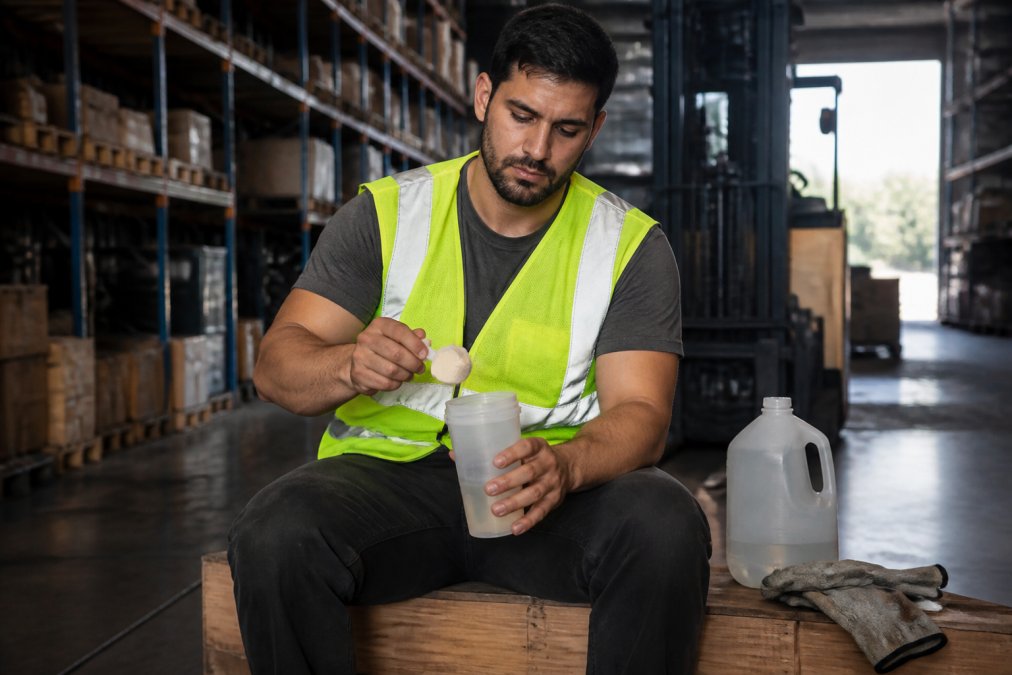 A warehouse worker in a high-visibility vest sitting on a crate during a break, holding a scoop of pre-workout powder over a shaker bottle, with a hydration jug and work gloves nearby