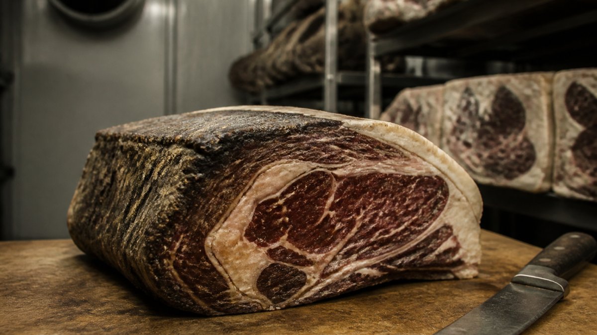 Diagram illustrating the dry aging process for beef using airflow, humidity control, and pellicle formation.