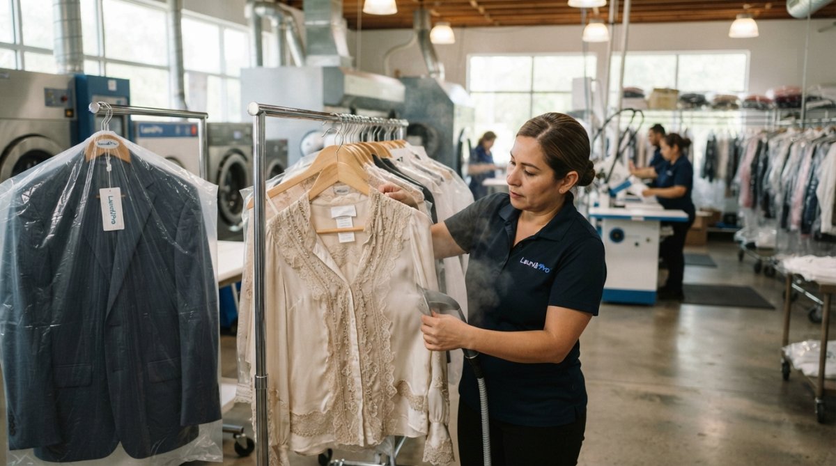 Close-up of delicate silk and wool garments being carefully inspected and handled by professional hands before dry cleaning in a modern facility with soft natural lighting