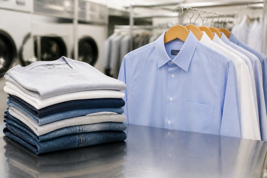 A neatly folded stack of everyday t-shirts and jeans sits next to several dress shirts on hangers in a bright, clean laundry facility