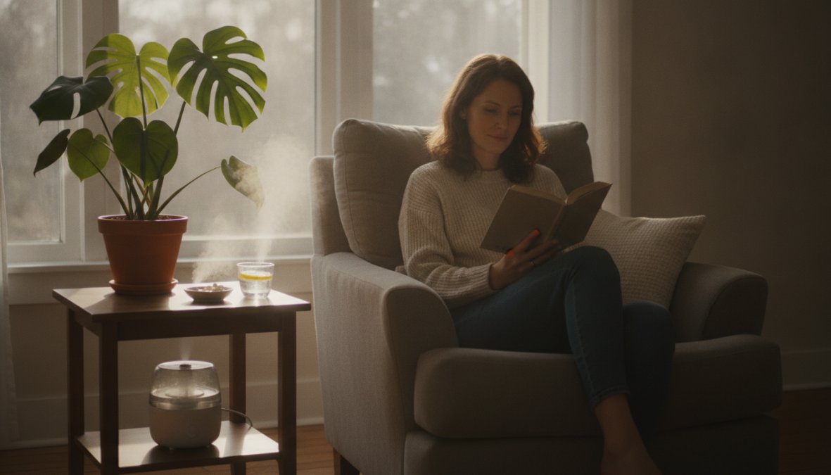 Person applying a warm compress to their closed eyes, sitting comfortably at home with natural lighting and a peaceful expression