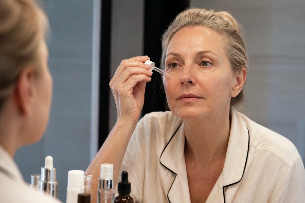 Woman in her fifties applying hydrating serum to her face in a softly lit bathroom with skincare bottles.