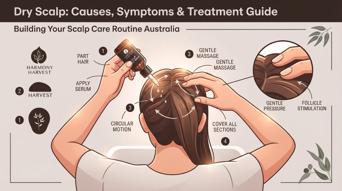 Person applying scalp treatment with gentle fingertip massage technique on damp hair, warm bathroom lighting showing careful application