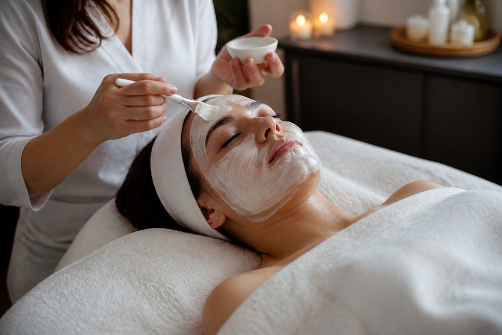 Close-up of an esthetician's hands applying a rich cream mask to a relaxed client's face during a professional facial, soft spa lighting, serene atmosphere