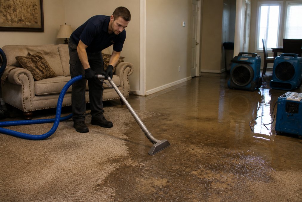 Technician using a wet-dry vacuum to extract standing water from a residential living room carpet, with visible water pooling on the floor and emergency equipment visible in the background