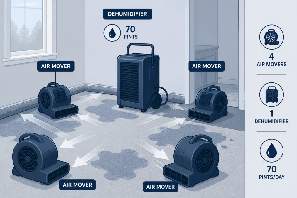 Multiple air movers and a large commercial dehumidifier positioned in a residential room with fans pointing toward wet carpet and baseboards, showing professional drying setup in natural daylight