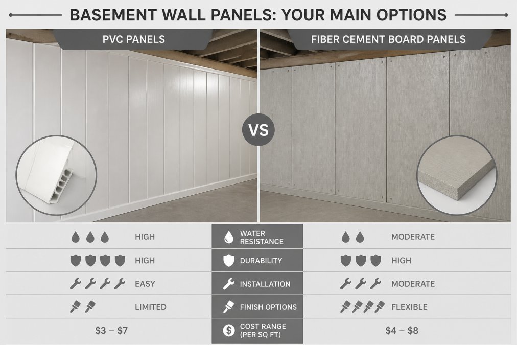 Close-up view of installed PVC and fiber cement board panels on a basement wall, showing different material textures and finishes side by side