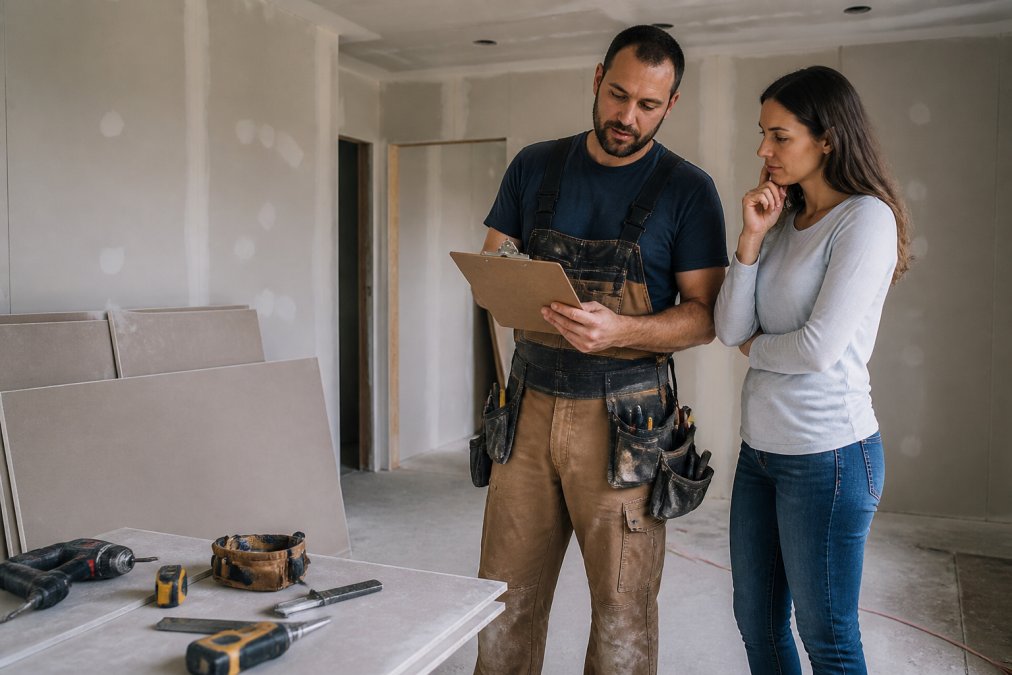A professional drywall contractor in work clothes reviewing a clipboard with a homeowner in a residential room under renovation, with drywall panels and tools visible in the background