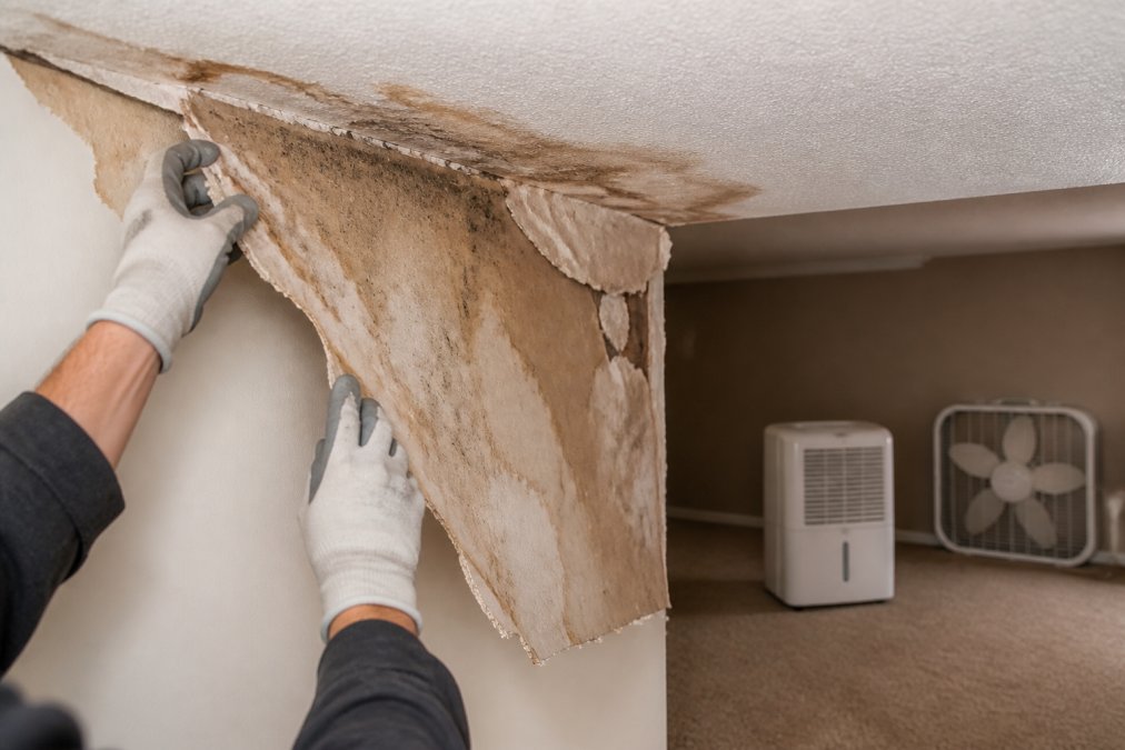 Close-up of a homeowner's gloved hands pulling away crumbling, water-stained drywall near a ceiling corner, with a dehumidifier and box fan visible in the background of a dimly lit room