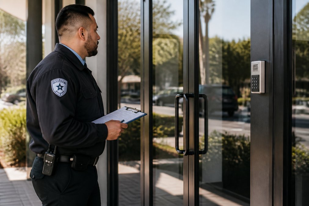 Licensed security officer in professional uniform conducting a thorough property inspection with clipboard, checking access control points and security features at a commercial building entrance during daylight hours